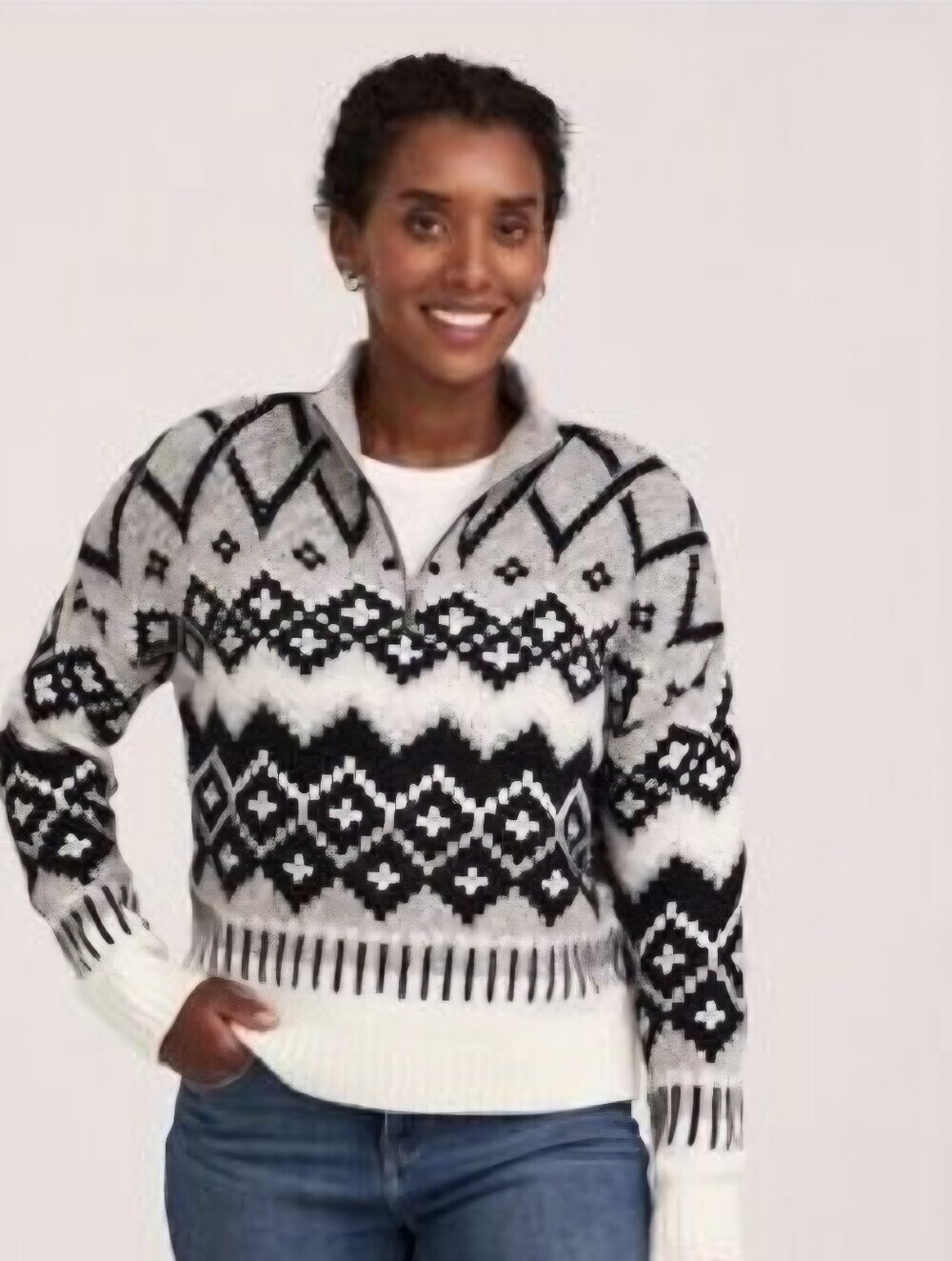 BNWT WindRiver 1/4 Zip Jacquard Mock Neck Sweater Cream Multi Heritage Nordic XL